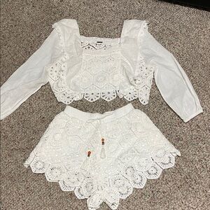 Free people White crochet Lace Crop Top and tassel tie Shorts Set